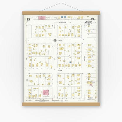 Old map wall art mockup — magnetic wood frame on white wall — Sanborn Fire Insurance Map from Austin, Mower County, Minnesota (1926), Sheet #0019