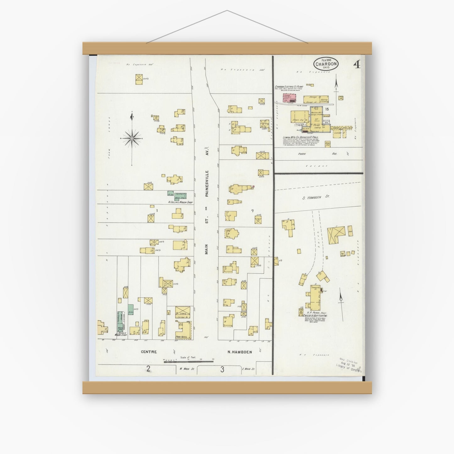 Old map wall art mockup — magnetic wood frame on white wall — Sanborn Fire Insurance Map from Chardon, Geauga County, Ohio (1899), Sheet #0004