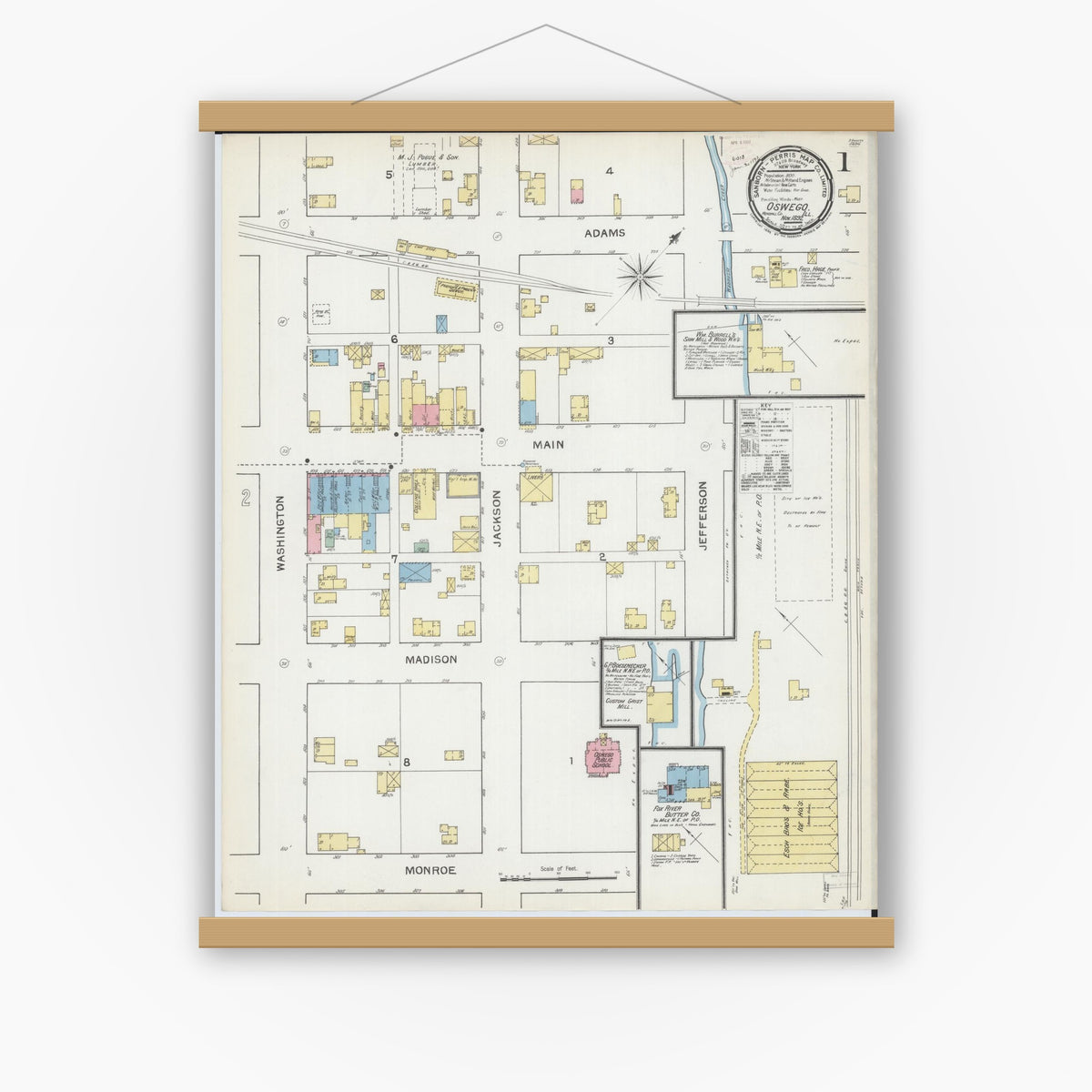 Old map wall art mockup — magnetic wood frame on white wall — Sanborn Fire Insurance Map from Oswego, Kendall County, Illinois (1892), Sheet #0001