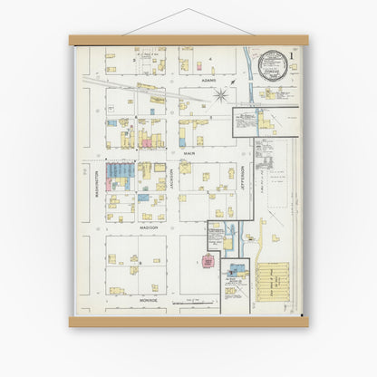 Old map wall art mockup — magnetic wood frame on white wall — Sanborn Fire Insurance Map from Oswego, Kendall County, Illinois (1892), Sheet #0001