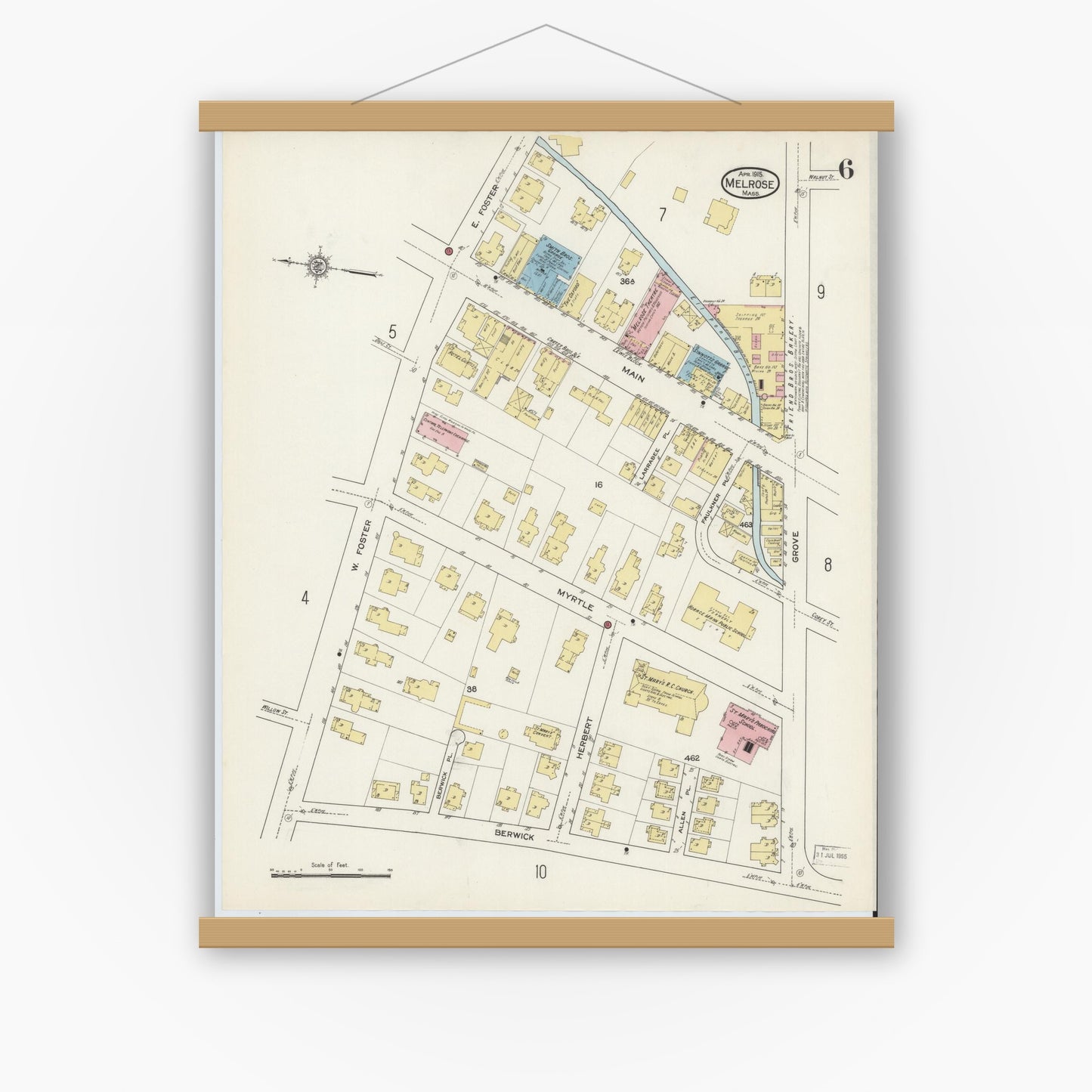 Old map wall art mockup — magnetic wood frame on white wall — Sanborn Fire Insurance Map from Melrose, Middlesex County, Massachusetts (1915), Sheet #0006
