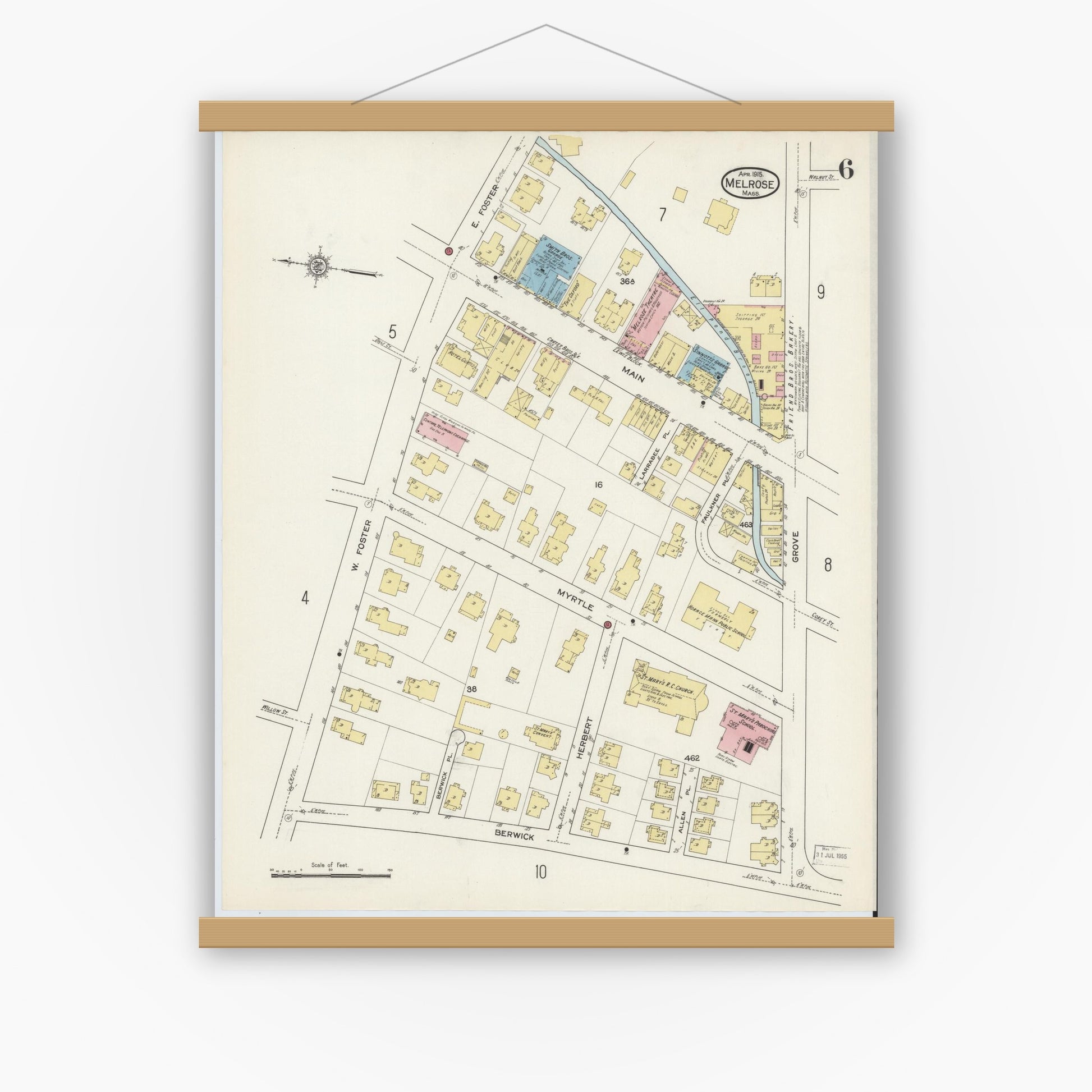 Old map wall art mockup — magnetic wood frame on white wall — Sanborn Fire Insurance Map from Melrose, Middlesex County, Massachusetts (1915), Sheet #0006