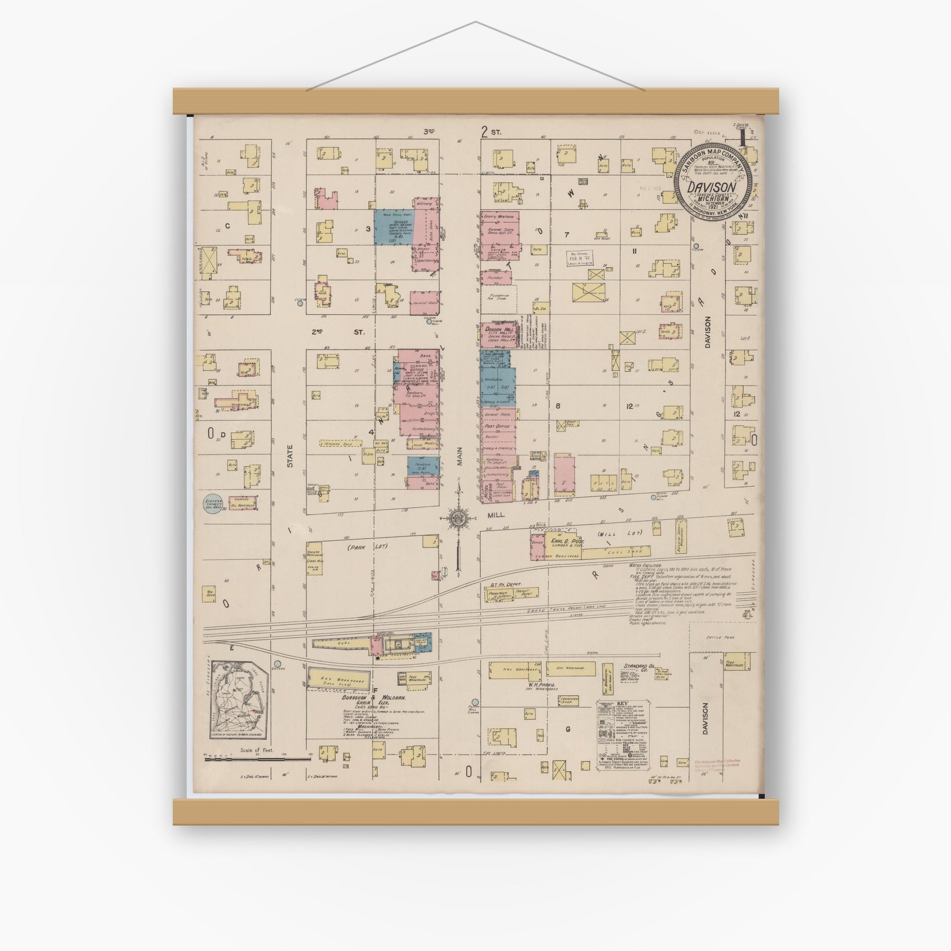 Old map wall art mockup — magnetic wood frame on white wall — Sanborn Fire Insurance Map from Davison, Genesee County, Michigan (1921), Sheet #0001