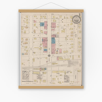 Old map wall art mockup — magnetic wood frame on white wall — Sanborn Fire Insurance Map from Davison, Genesee County, Michigan (1921), Sheet #0001