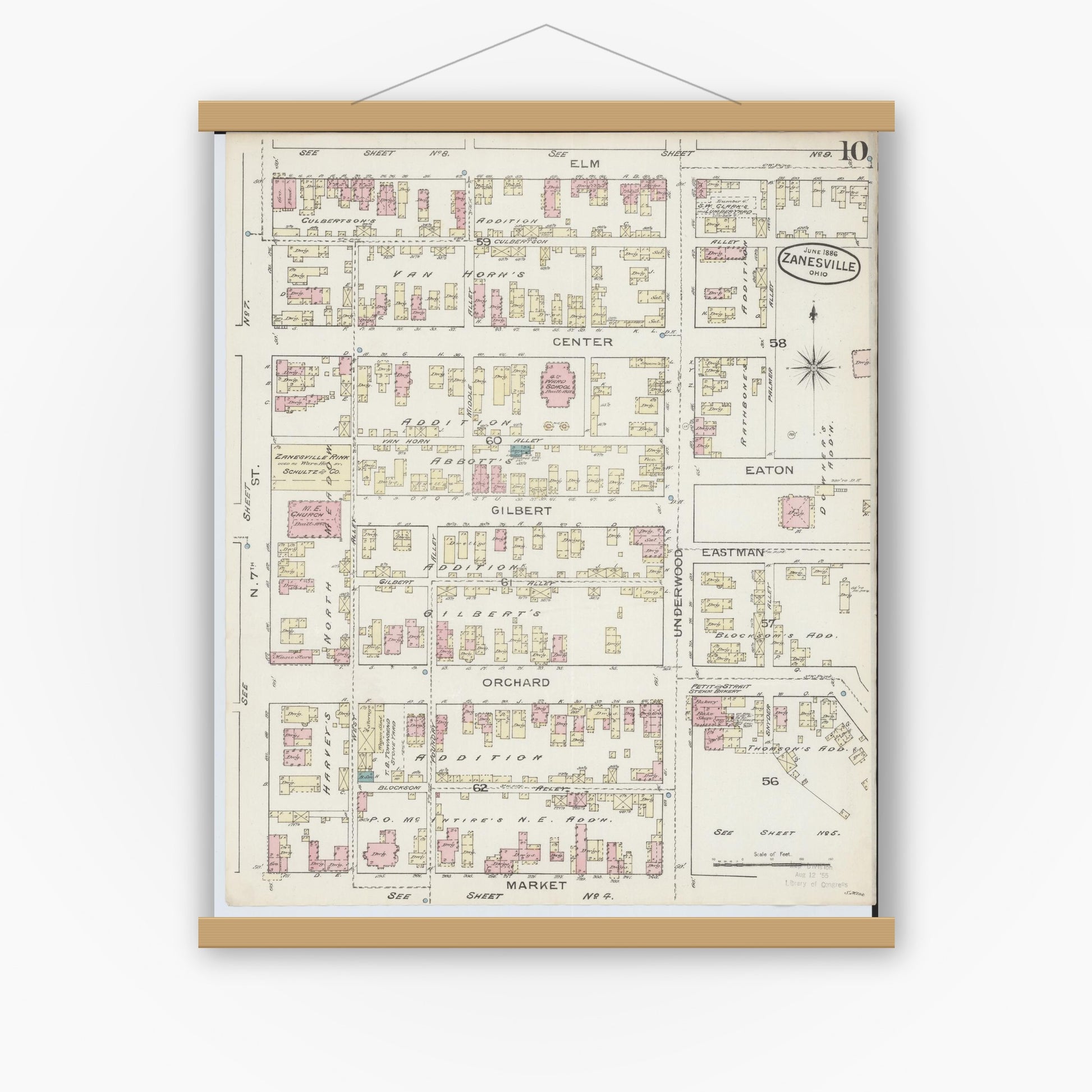 Old map wall art mockup — magnetic wood frame on white wall — Sanborn Fire Insurance Map from Zanesville, Muskingum County, Ohio (1886), Sheet #0010