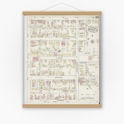 Old map wall art mockup — magnetic wood frame on white wall — Sanborn Fire Insurance Map from Zanesville, Muskingum County, Ohio (1886), Sheet #0010