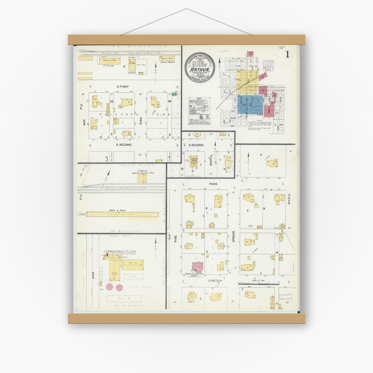Old map wall art mockup — magnetic wood frame on white wall — Sanborn Fire Insurance Map from Arthur, Moultrie And Douglas Counties, Illinois (1907), Sheet #0001