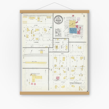 Old map wall art mockup — magnetic wood frame on white wall — Sanborn Fire Insurance Map from Arthur, Moultrie And Douglas Counties, Illinois (1907), Sheet #0001