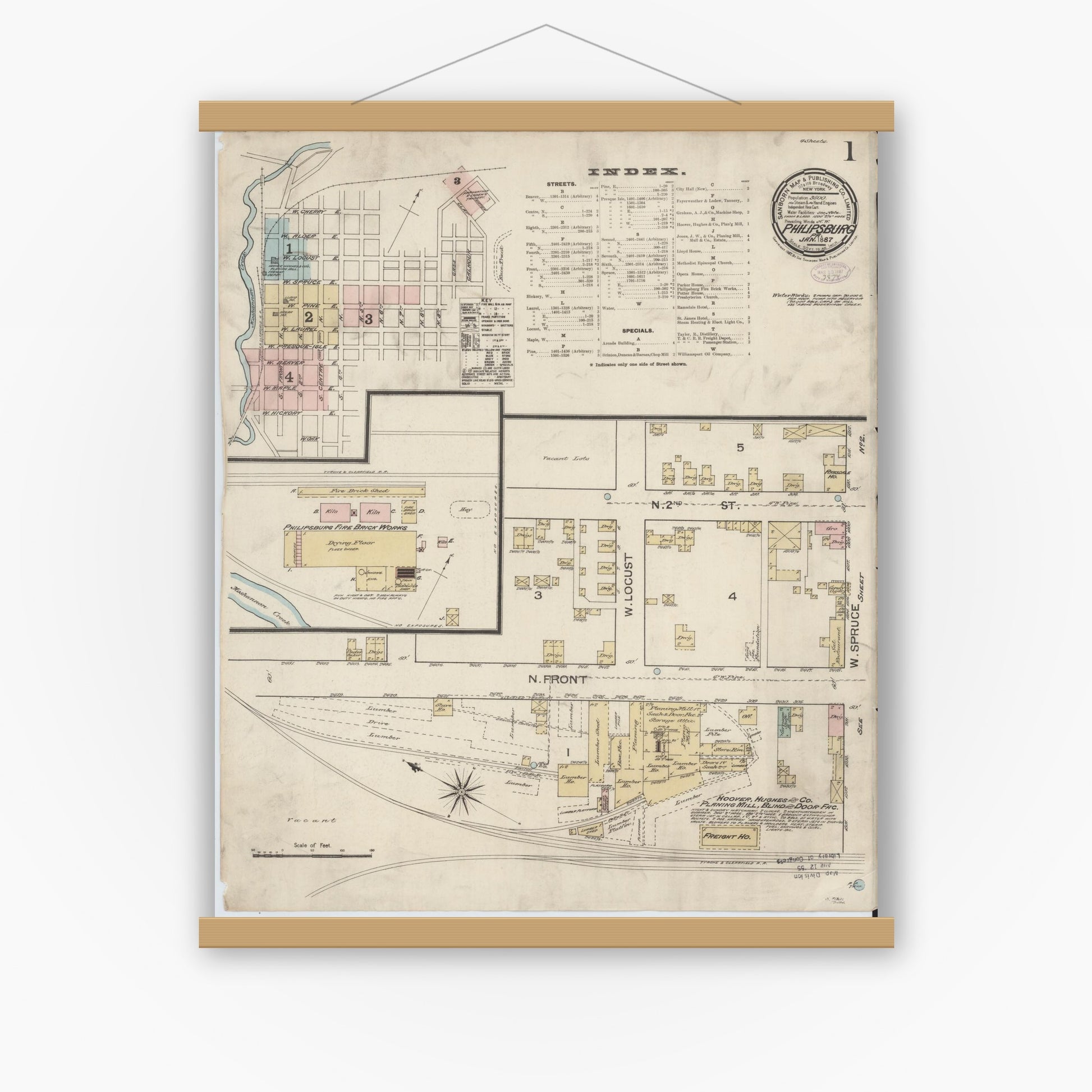 Old map wall art mockup — magnetic wood frame on white wall — Sanborn Fire Insurance Map from Philipsburg, Centre County, Pennsylvania (1887) - Complete Map Set