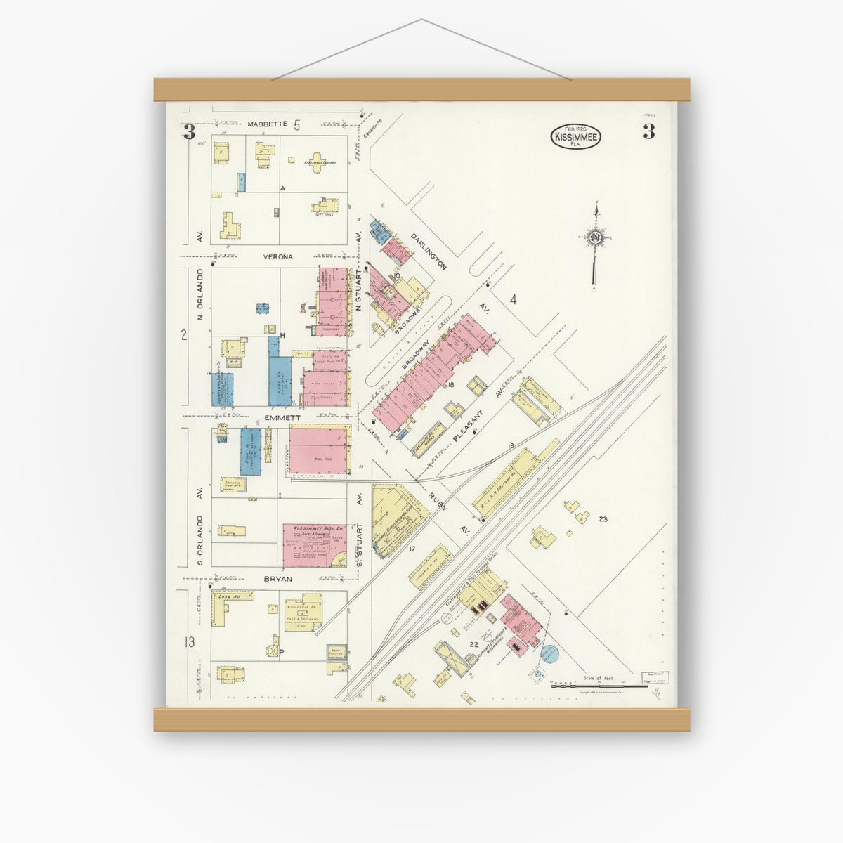 Old map wall art mockup — magnetic wood frame on white wall — Sanborn Fire Insurance Map from Kissimmee, Osceola County, Florida (1926), Sheet #0003