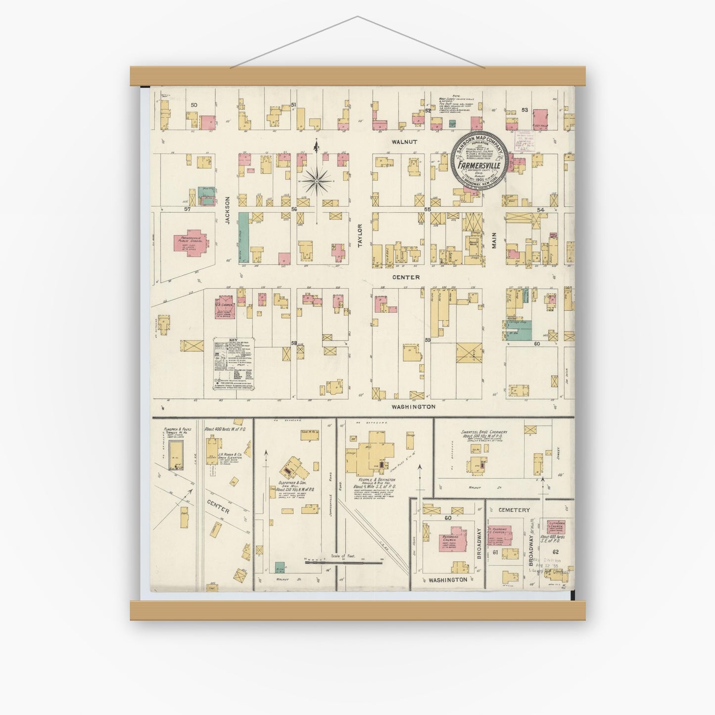 Old map wall art mockup — magnetic wood frame on white wall — Sanborn Fire Insurance Map from Farmersville, Montogomery County, Ohio (1905), Sheet #0001