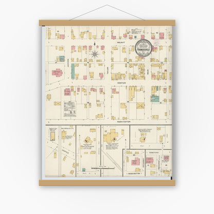 Old map wall art mockup — magnetic wood frame on white wall — Sanborn Fire Insurance Map from Farmersville, Montogomery County, Ohio (1905), Sheet #0001