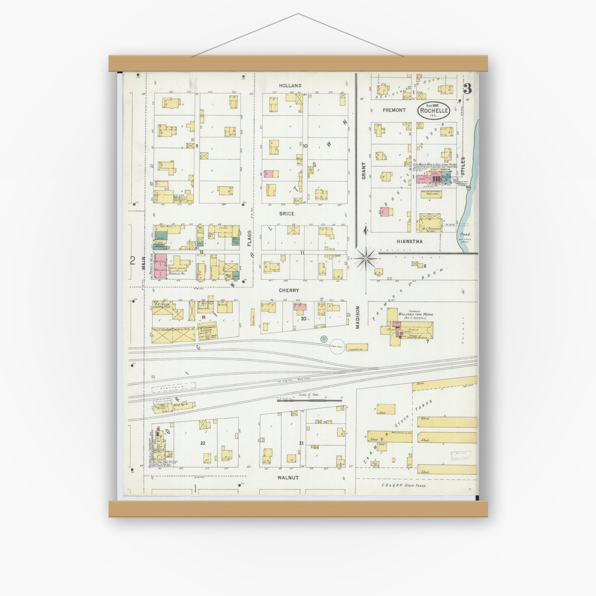 Old map wall art mockup — magnetic wood frame on white wall — Sanborn Fire Insurance Map from Rochelle, Ogle County, Illinois (1899), Sheet #0003