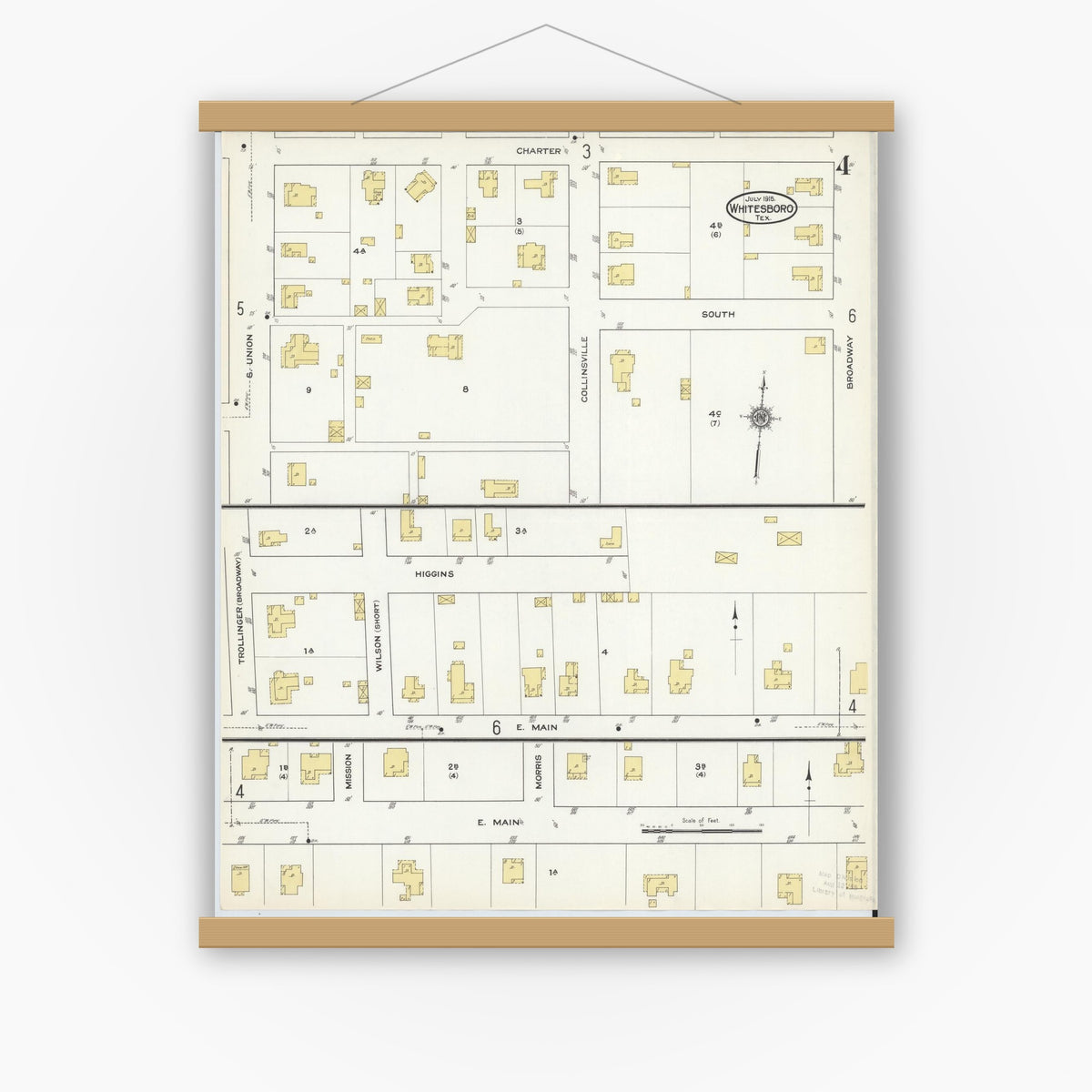 Old map wall art mockup — magnetic wood frame on white wall — Sanborn Fire Insurance Map from Whitesboro, Grayson County, Texas (1915), Sheet #0004