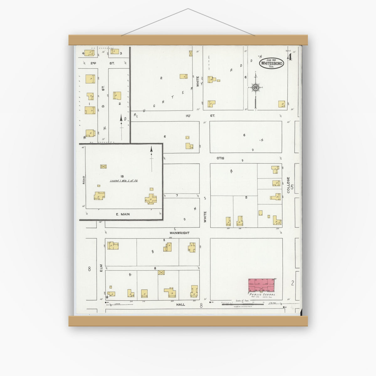 Old map wall art mockup — magnetic wood frame on white wall — Sanborn Fire Insurance Map from Whitesboro, Grayson County, Texas (1921), Sheet #0004