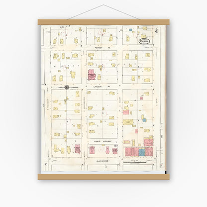 Old map wall art mockup — magnetic wood frame on white wall — Sanborn Fire Insurance Map from Waukon, Allamakee County, Iowa (1934), Sheet #0004
