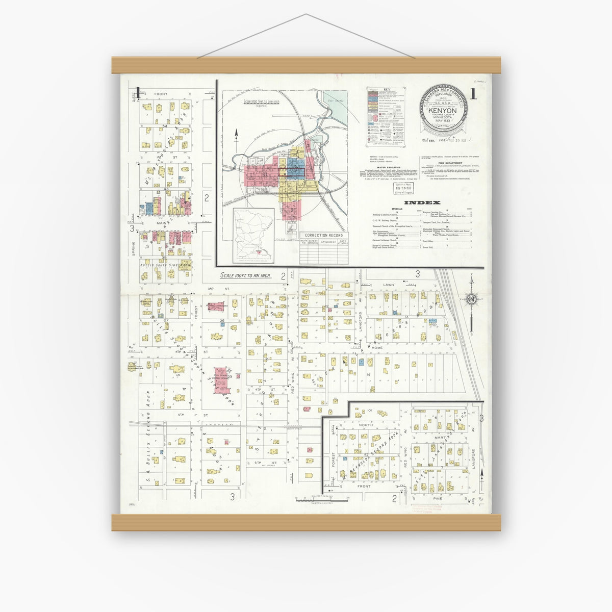 Old map wall art mockup — magnetic wood frame on white wall — Sanborn Fire Insurance Map from Kenyon, Goodhue County, Minnesota (1933) - Complete Map Set
