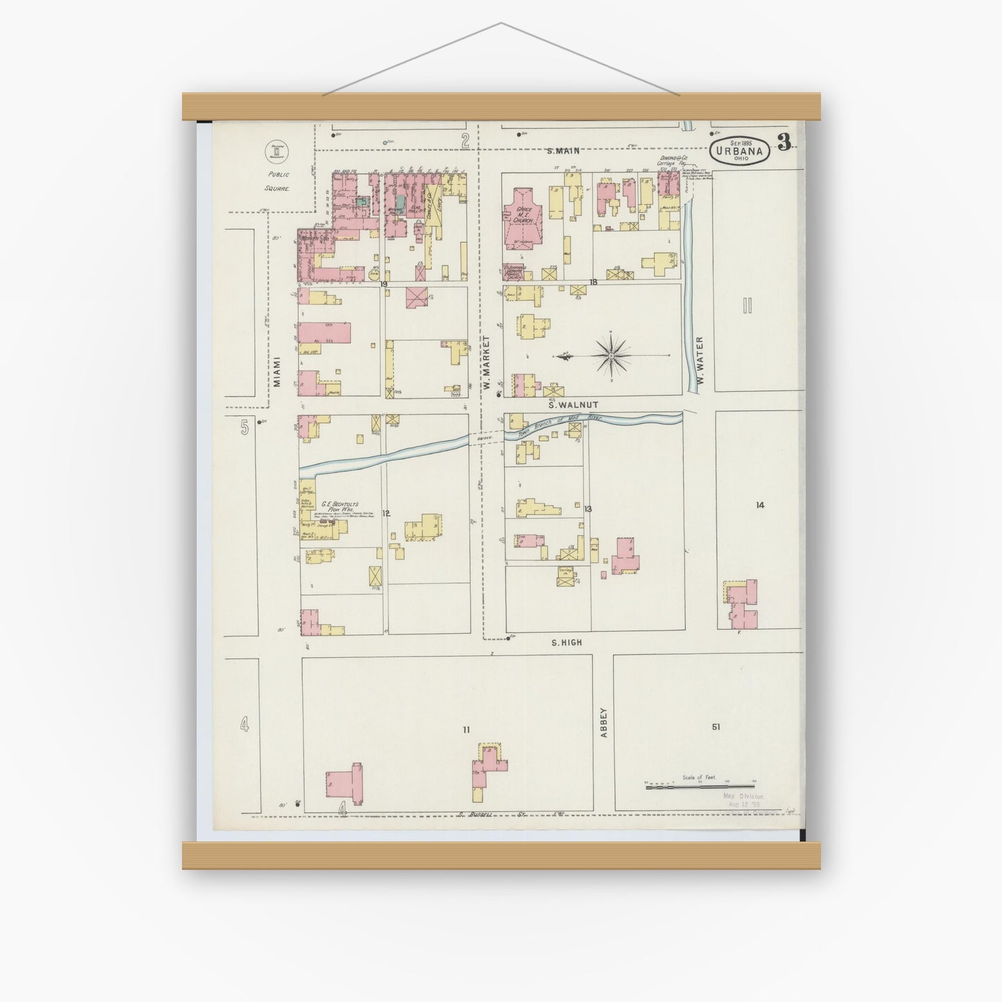 Old map wall art mockup — magnetic wood frame on white wall — Sanborn Fire Insurance Map from Urbana, Champaign County, Ohio (1895), Sheet #0003