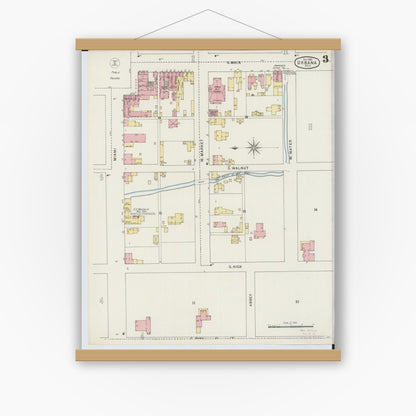 Old map wall art mockup — magnetic wood frame on white wall — Sanborn Fire Insurance Map from Urbana, Champaign County, Ohio (1895), Sheet #0003