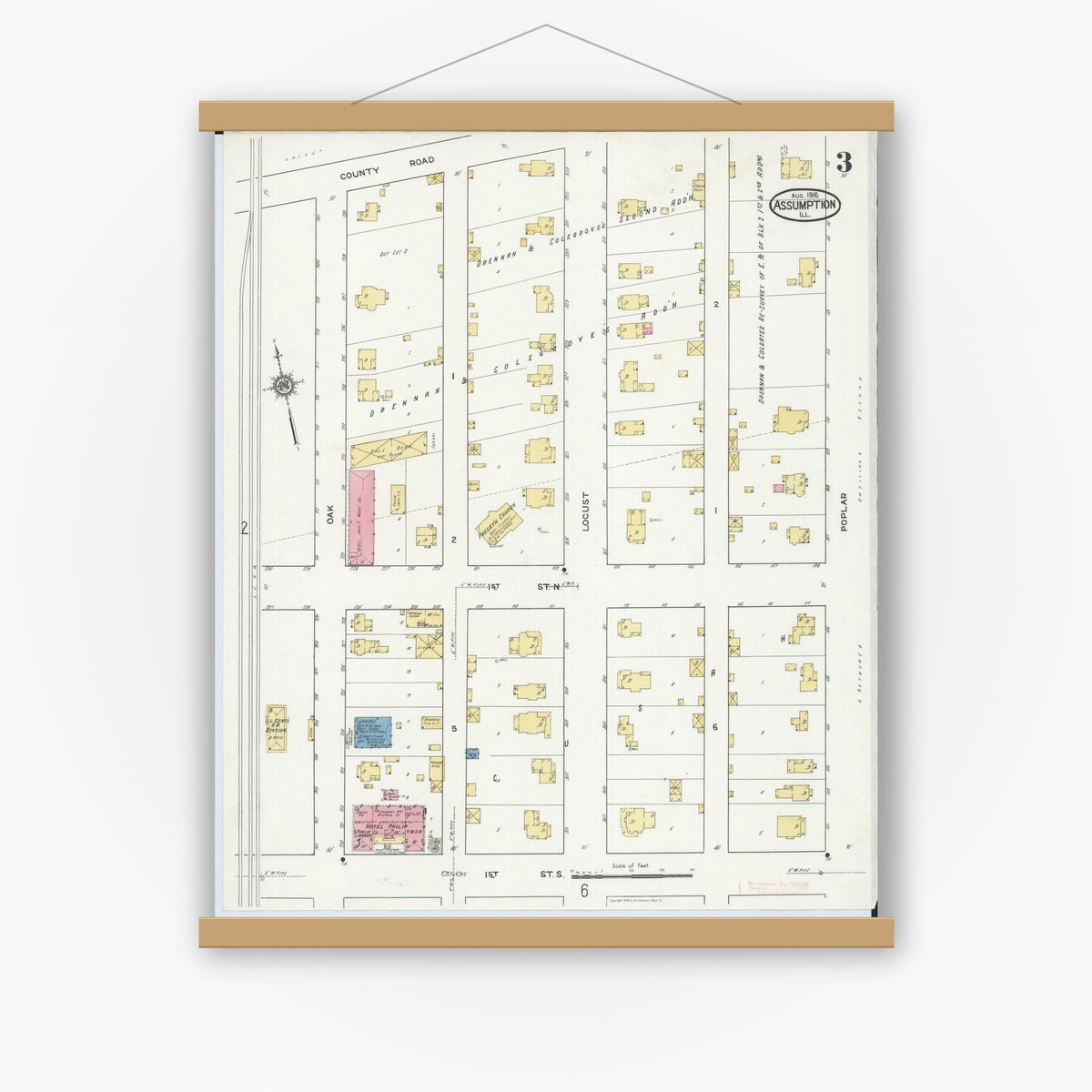 Old map wall art mockup — magnetic wood frame on white wall — Sanborn Fire Insurance Map from Assumption, Christian County, Illinois (1916), Sheet #0003