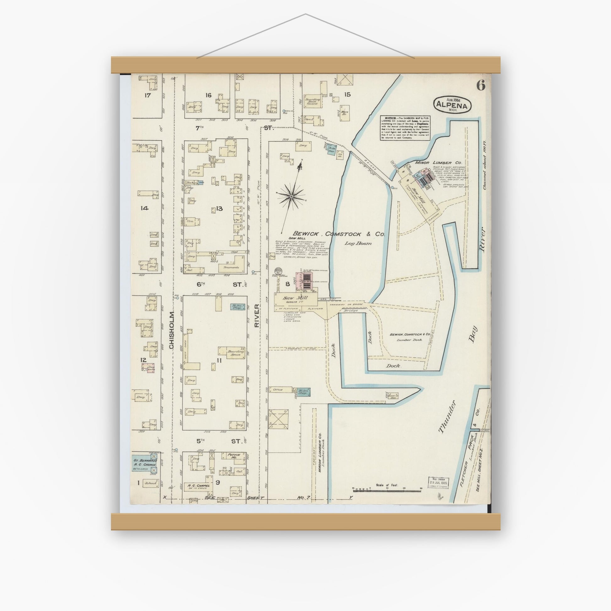 Old map wall art mockup — magnetic wood frame on white wall — Sanborn Fire Insurance Map from Alpena, Alpena County, Michigan (1884), Sheet #0006