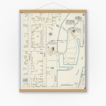 Old map wall art mockup — magnetic wood frame on white wall — Sanborn Fire Insurance Map from Alpena, Alpena County, Michigan (1884), Sheet #0006