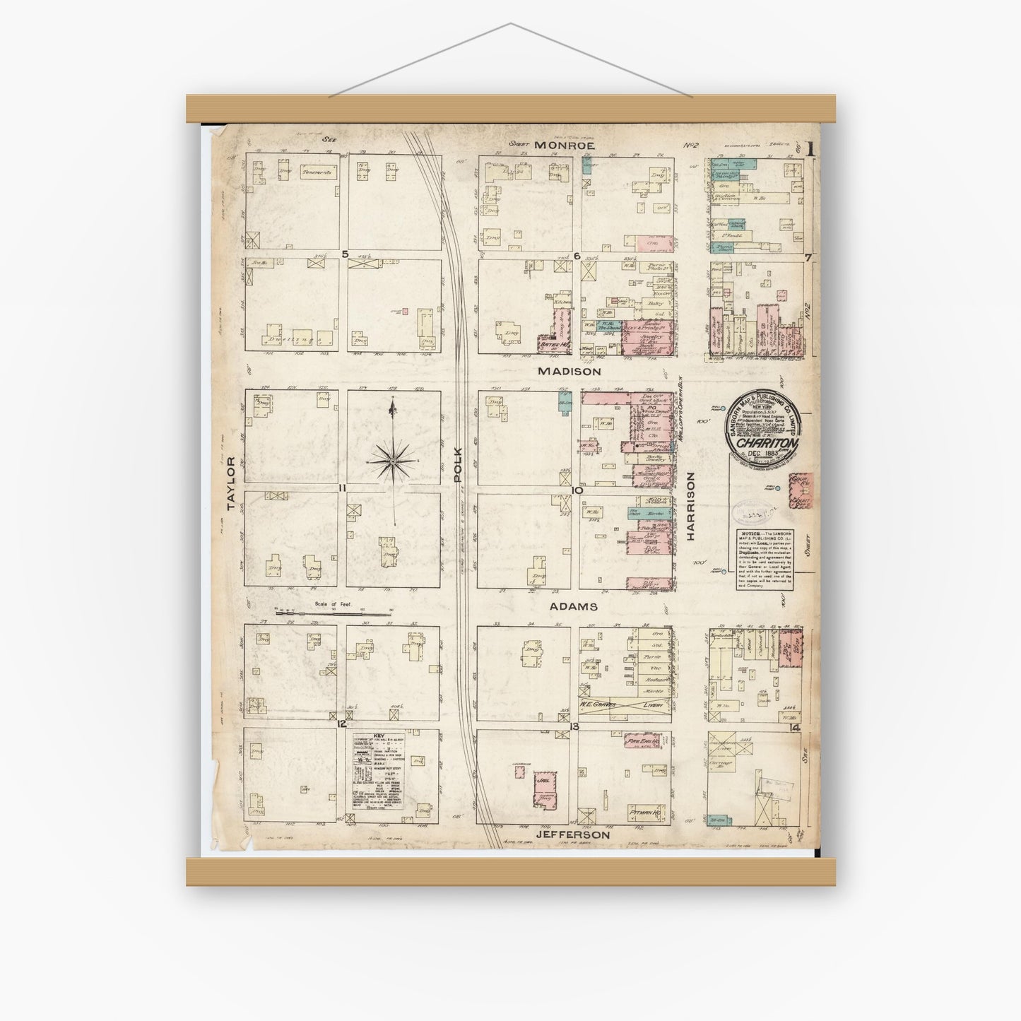 Old map wall art mockup — magnetic wood frame on white wall — Sanborn Fire Insurance Map from Chariton, Lucas County, Iowa (1883) â€” Complete Set
