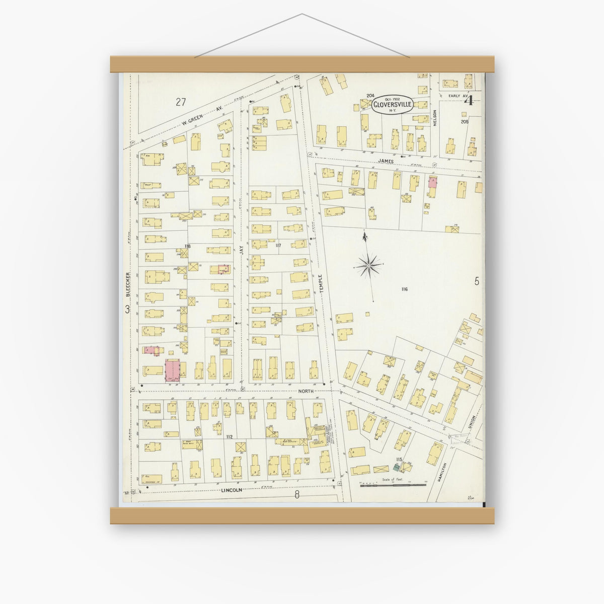 Old map wall art mockup — magnetic wood frame on white wall — Sanborn Fire Insurance Map from Gloversville, Fulton County, New York (1902), Sheet #0004