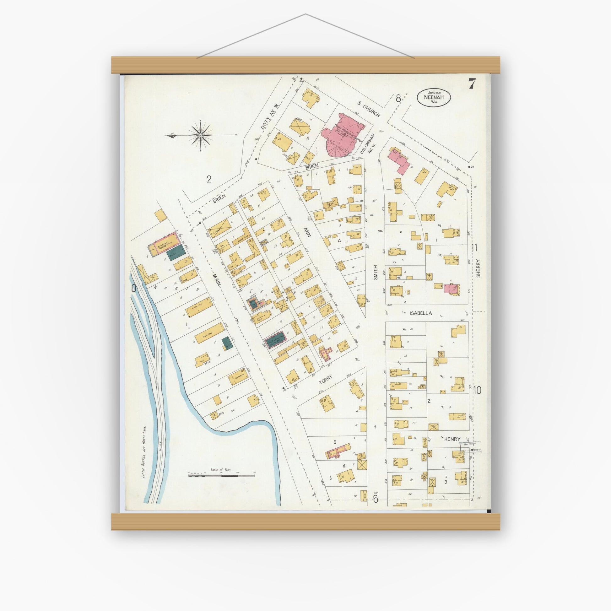 Old map wall art mockup — magnetic wood frame on white wall — Sanborn Fire Insurance Map from Neenah, Winnebago County, Wisconsin (1906), Sheet #0007