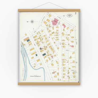 Old map wall art mockup — magnetic wood frame on white wall — Sanborn Fire Insurance Map from Neenah, Winnebago County, Wisconsin (1906), Sheet #0007