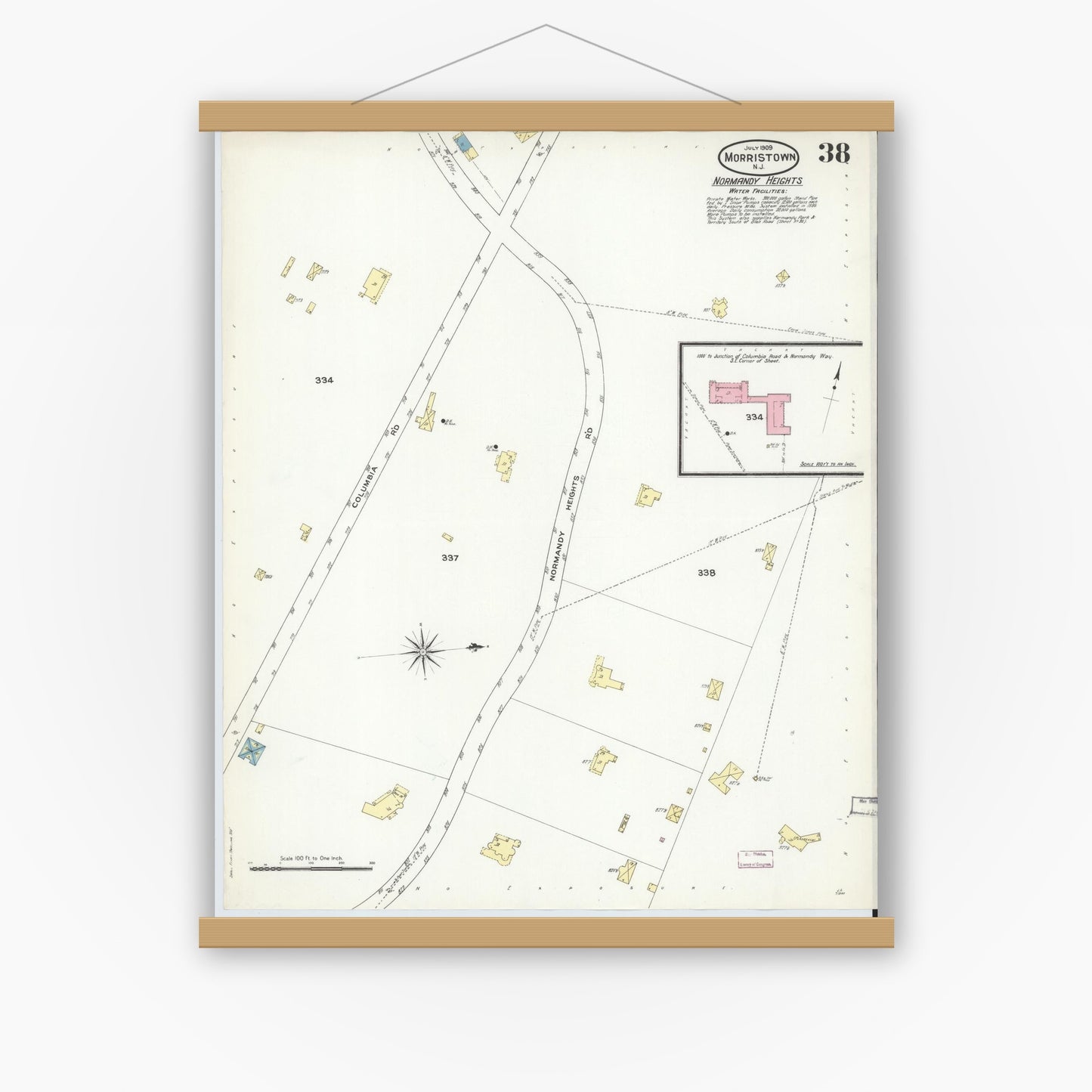 Old map wall art mockup — magnetic wood frame on white wall — Sanborn Fire Insurance Map from Morristown, Morris County, New Jersey (1909), Sheet #0038