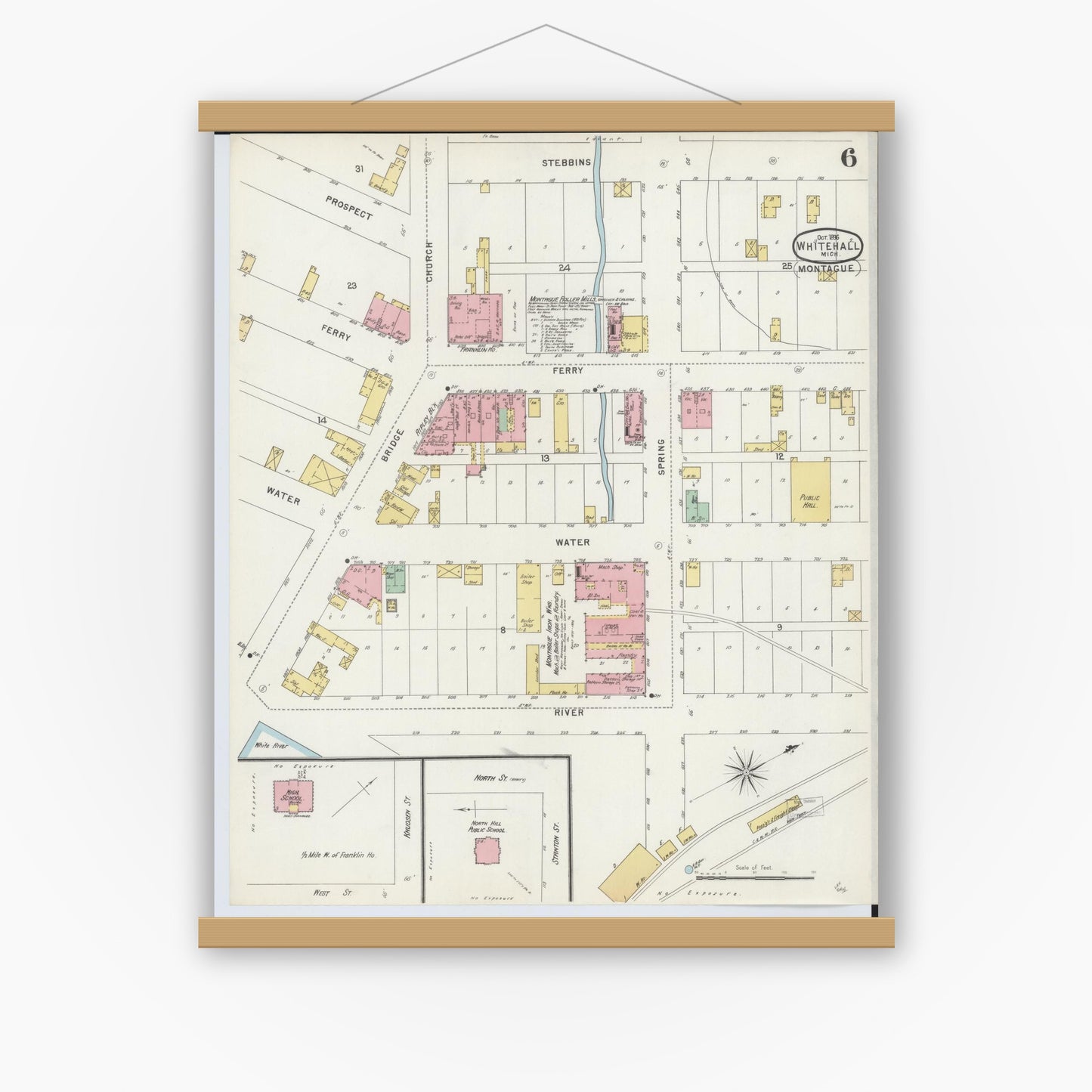 Old map wall art mockup — magnetic wood frame on white wall — Sanborn Fire Insurance Map from Whitehall, Muskegon County, Michigan (1896), Sheet #0006