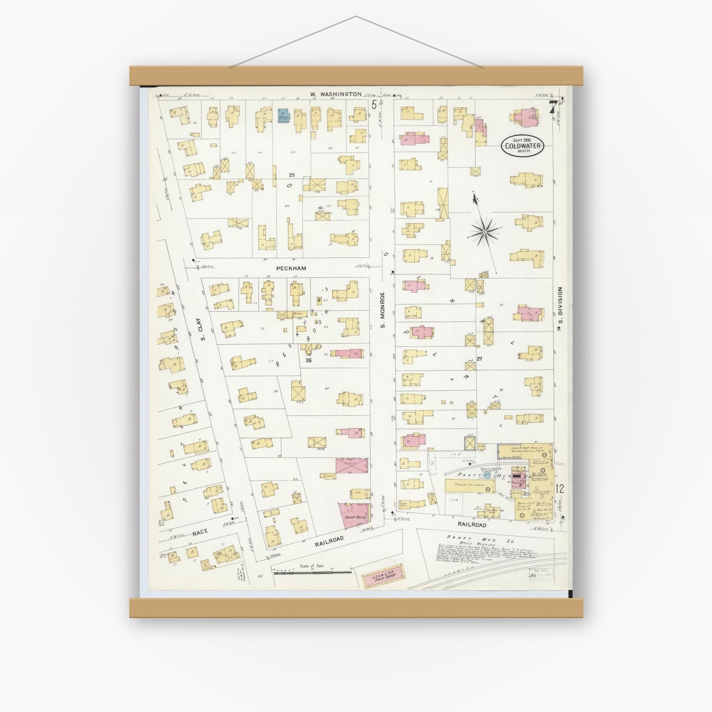 Old map wall art mockup — magnetic wood frame on white wall — Sanborn Fire Insurance Map from Coldwater, Branch County, Michigan (1908), Sheet #0007