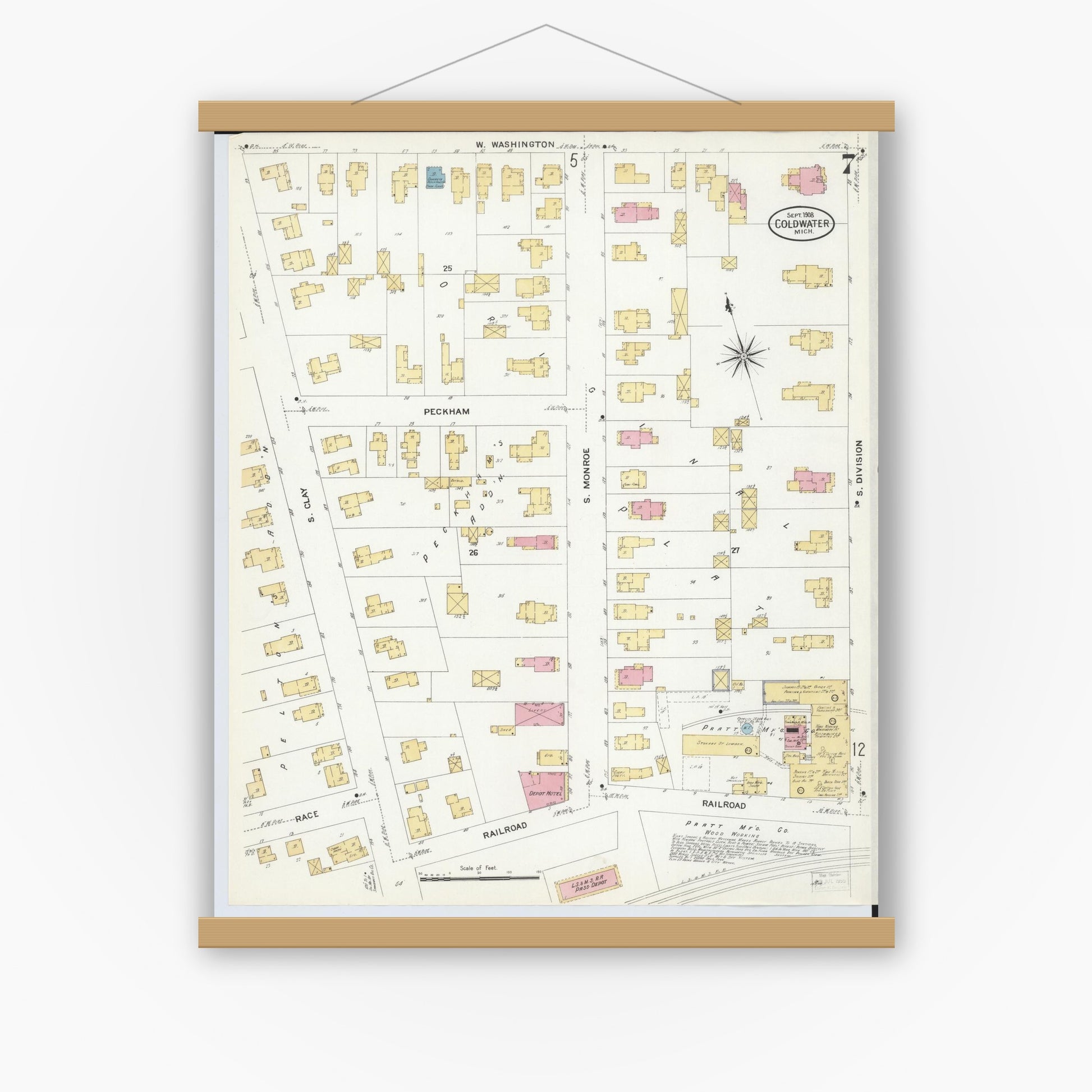 Old map wall art mockup — magnetic wood frame on white wall — Sanborn Fire Insurance Map from Coldwater, Branch County, Michigan (1908), Sheet #0007