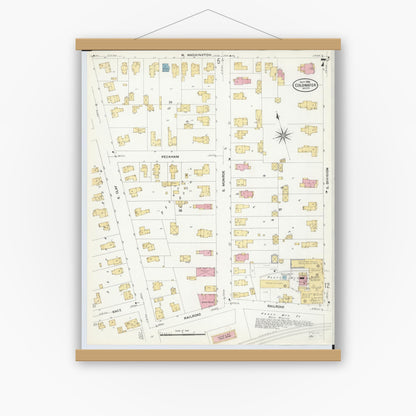 Old map wall art mockup — magnetic wood frame on white wall — Sanborn Fire Insurance Map from Coldwater, Branch County, Michigan (1908), Sheet #0007