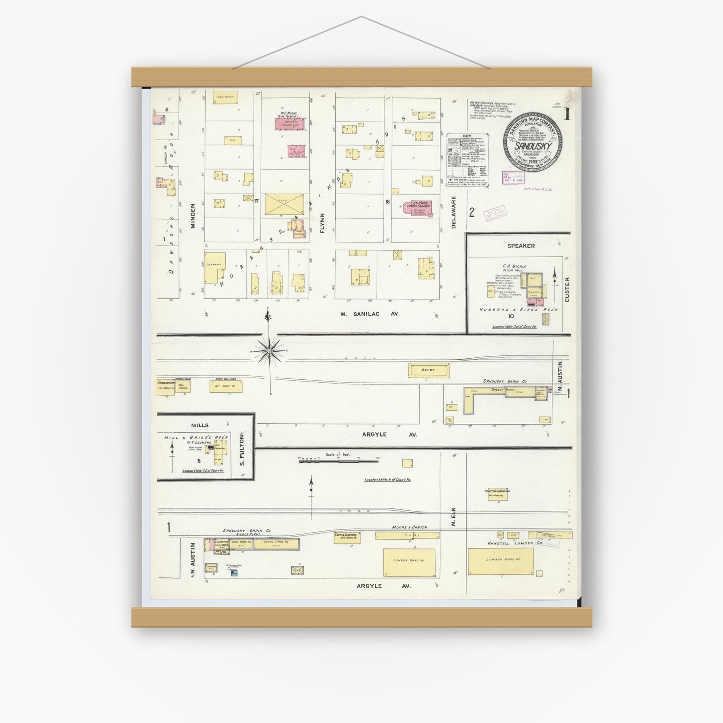 Old map wall art mockup — magnetic wood frame on white wall — Sanborn Fire Insurance Map from Sandusky, Sanilac County, Michigan (1909) - Complete Map Set