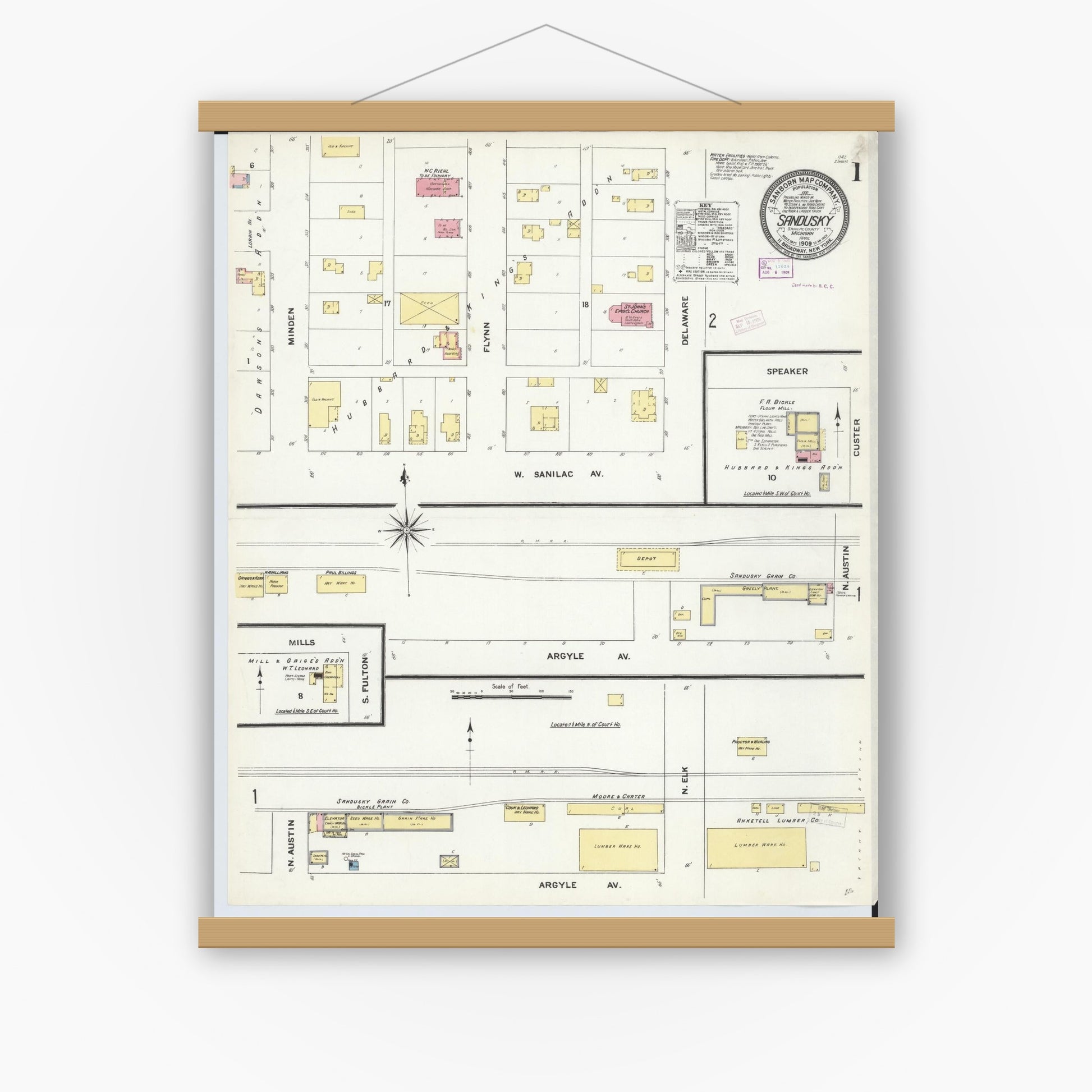 Old map wall art mockup — magnetic wood frame on white wall — Sanborn Fire Insurance Map from Sandusky, Sanilac County, Michigan (1909) - Complete Map Set