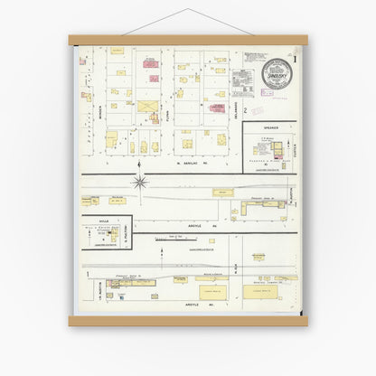 Old map wall art mockup — magnetic wood frame on white wall — Sanborn Fire Insurance Map from Sandusky, Sanilac County, Michigan (1909) - Complete Map Set