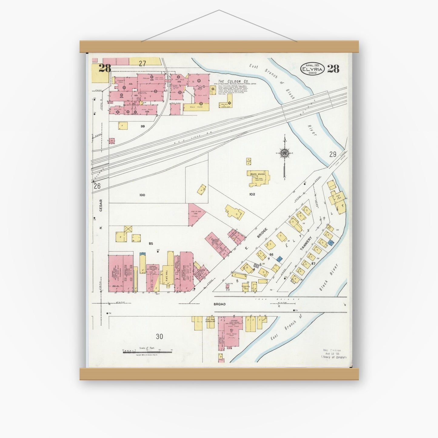 Old map wall art mockup — magnetic wood frame on white wall — Sanborn Fire Insurance Map from Elyria, Lorain County, Ohio (1925), Sheet #0028