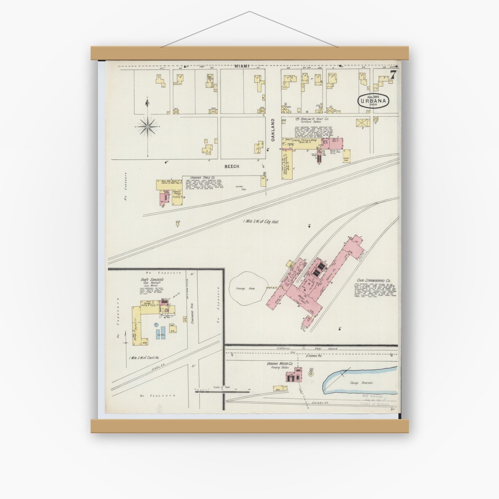 Old map wall art mockup — magnetic wood frame on white wall — Sanborn Fire Insurance Map from Urbana, Champaign County, Ohio (1895), Sheet #0007