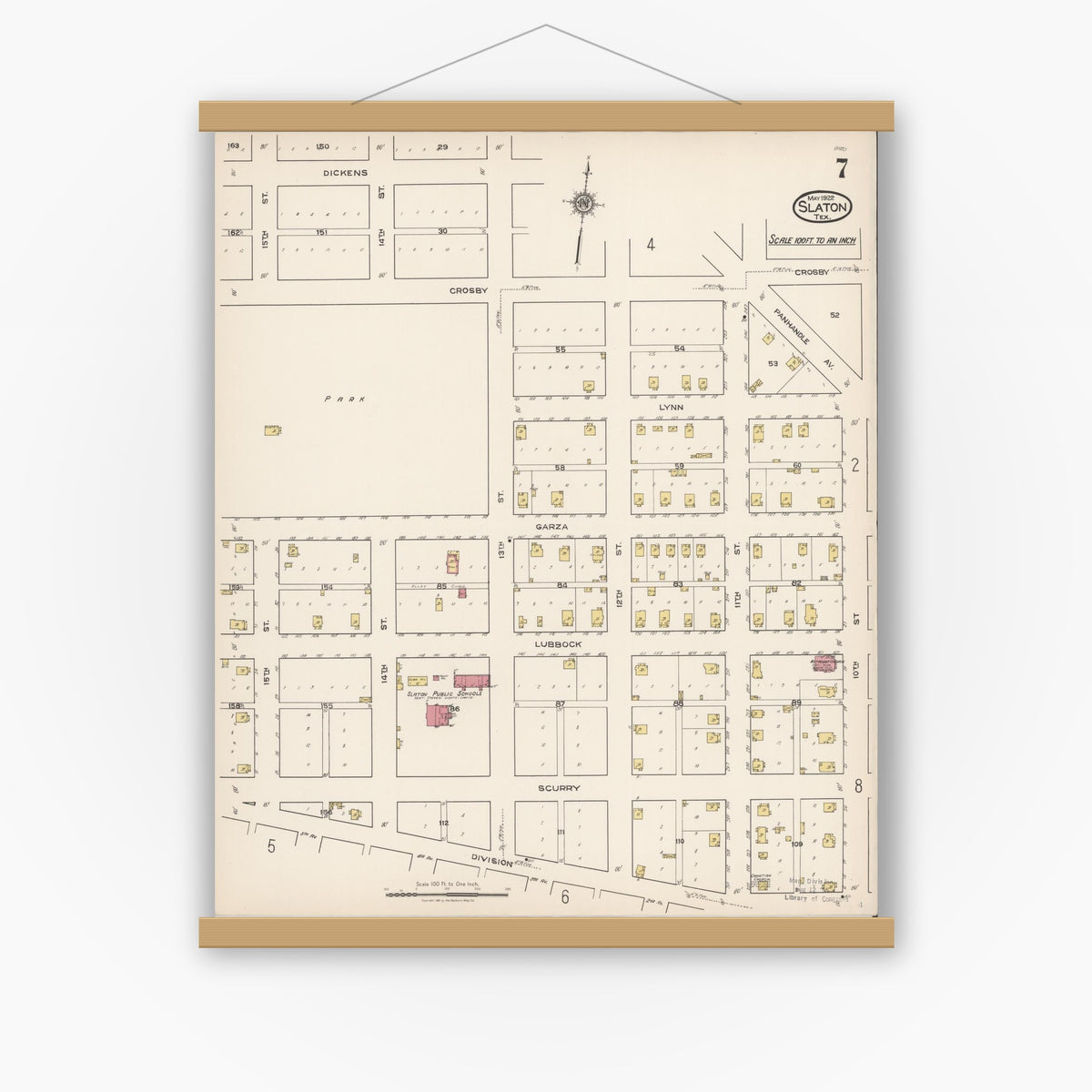 Old map wall art mockup — magnetic wood frame on white wall — Sanborn Fire Insurance Map from Slaton, Lubbock County, Texas (1922), Sheet #0007