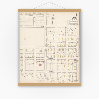 Old map wall art mockup — magnetic wood frame on white wall — Sanborn Fire Insurance Map from Slaton, Lubbock County, Texas (1922), Sheet #0007