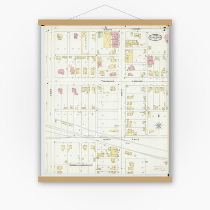 Old map wall art mockup — magnetic wood frame on white wall — Sanborn Fire Insurance Map from Fostoria, Seneca, Hancock, And Wood Counties, Ohio (1896), Sheet #0007