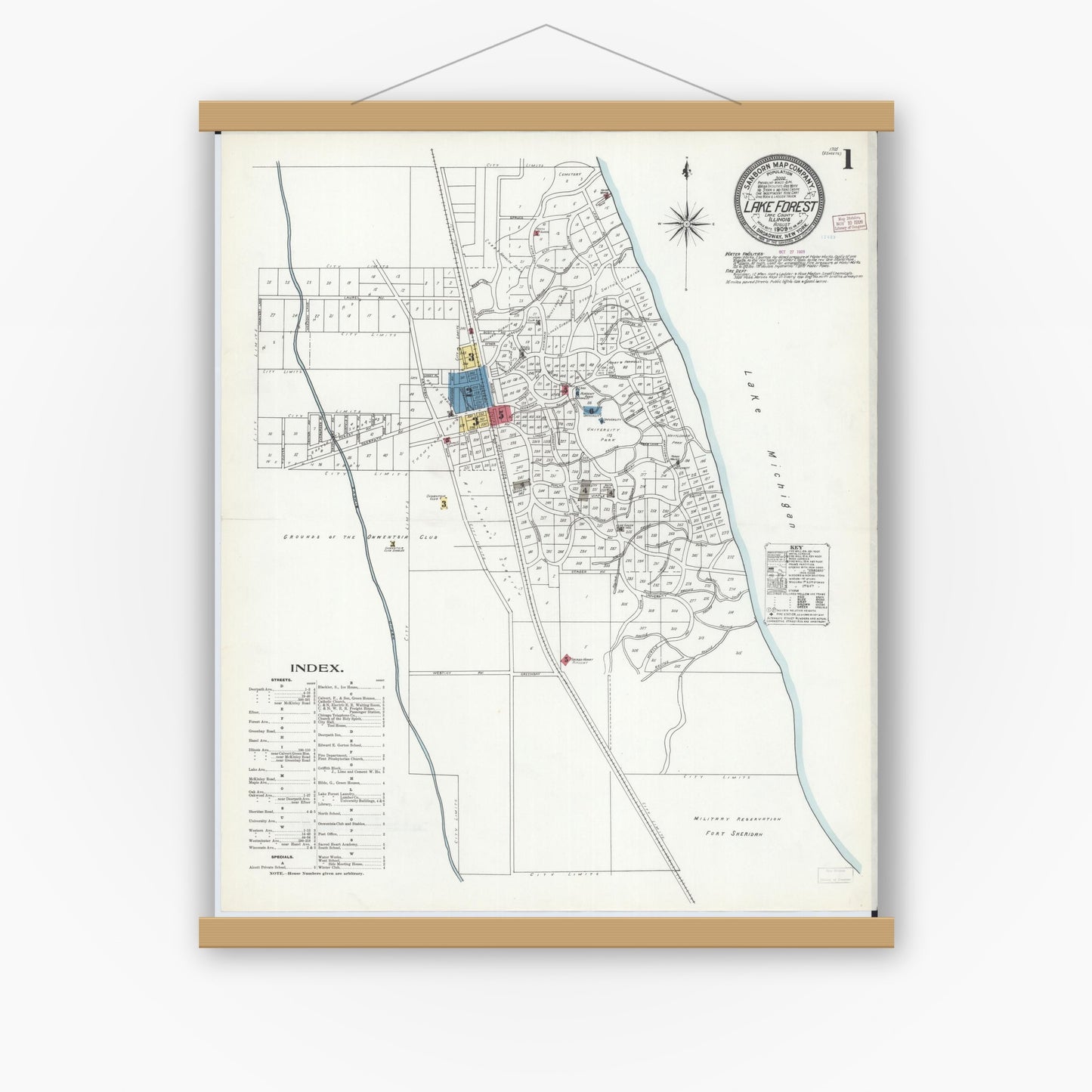 Old map wall art mockup — magnetic wood frame on white wall — Sanborn Fire Insurance Map from Lake Forest, Lake County, Illinois (1909), Sheet #0001
