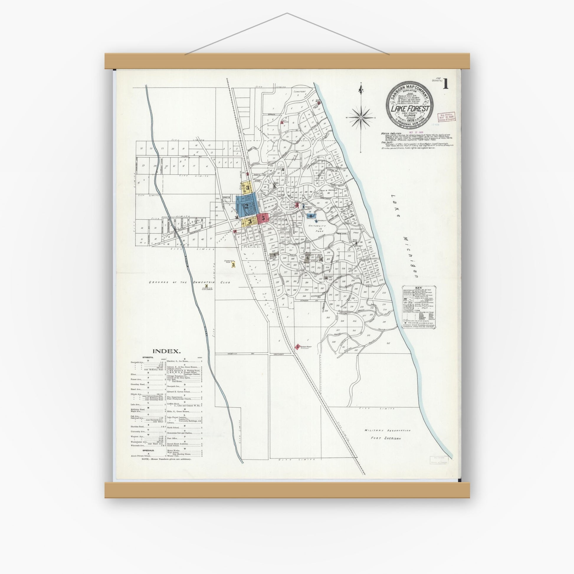 Old map wall art mockup — magnetic wood frame on white wall — Sanborn Fire Insurance Map from Lake Forest, Lake County, Illinois (1909), Sheet #0001