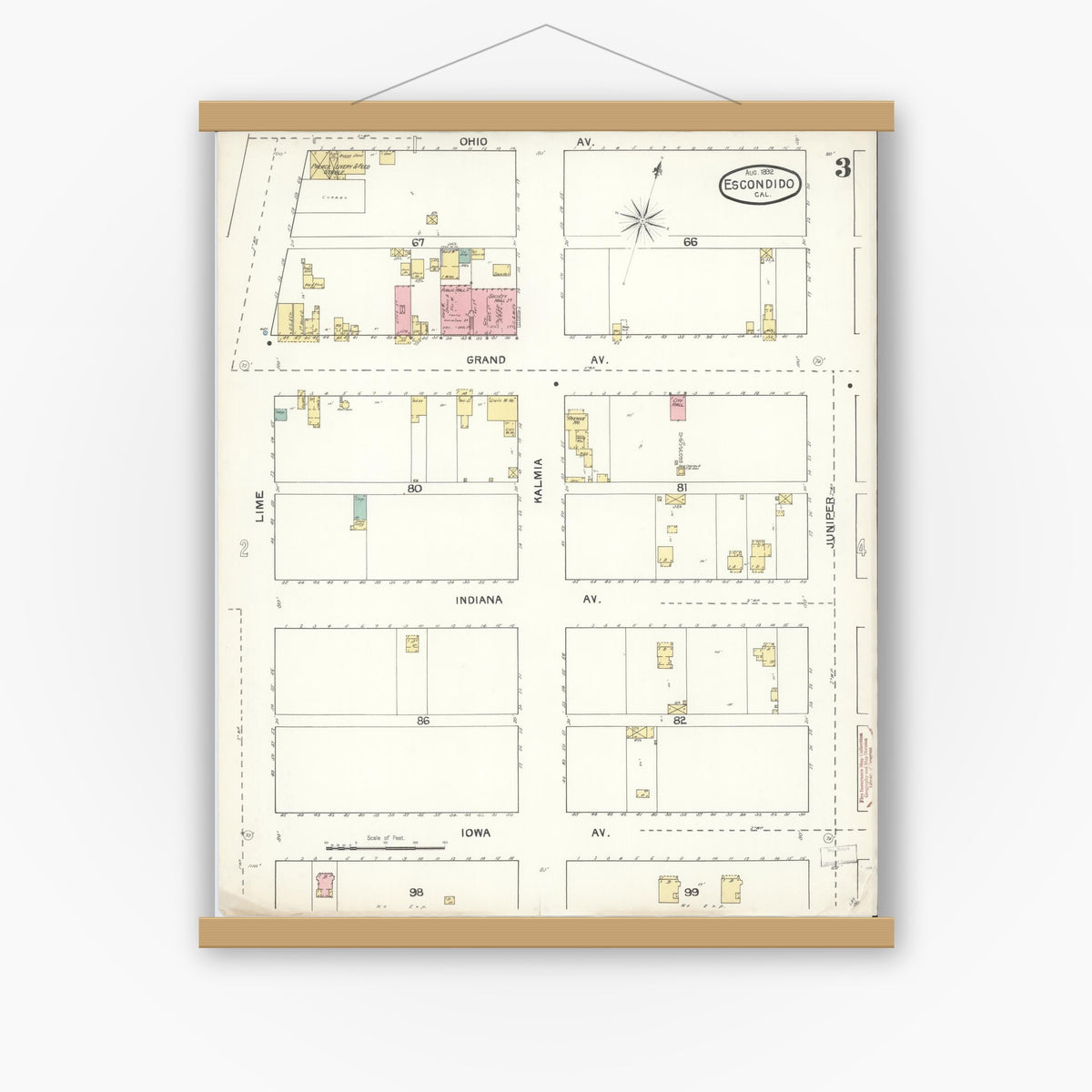 Old map wall art mockup — magnetic wood frame on white wall — Sanborn Fire Insurance Map from Escondido, San Diego County, California (1892), Sheet #0003