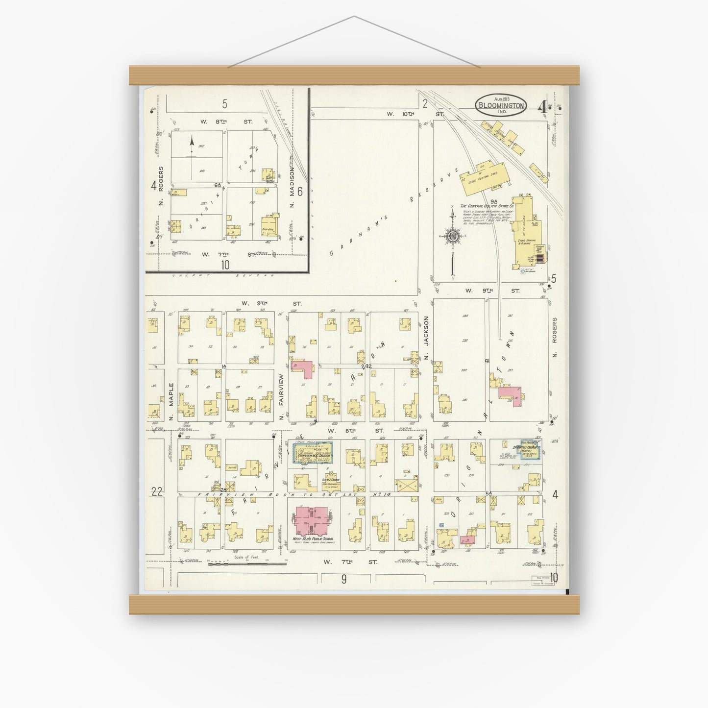 Old map wall art mockup — magnetic wood frame on white wall — Sanborn Fire Insurance Map from Bloomington, Monroe County, Indiana (1913), Sheet #0004