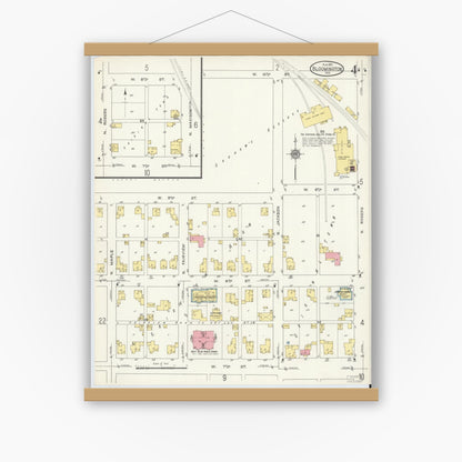 Old map wall art mockup — magnetic wood frame on white wall — Sanborn Fire Insurance Map from Bloomington, Monroe County, Indiana (1913), Sheet #0004