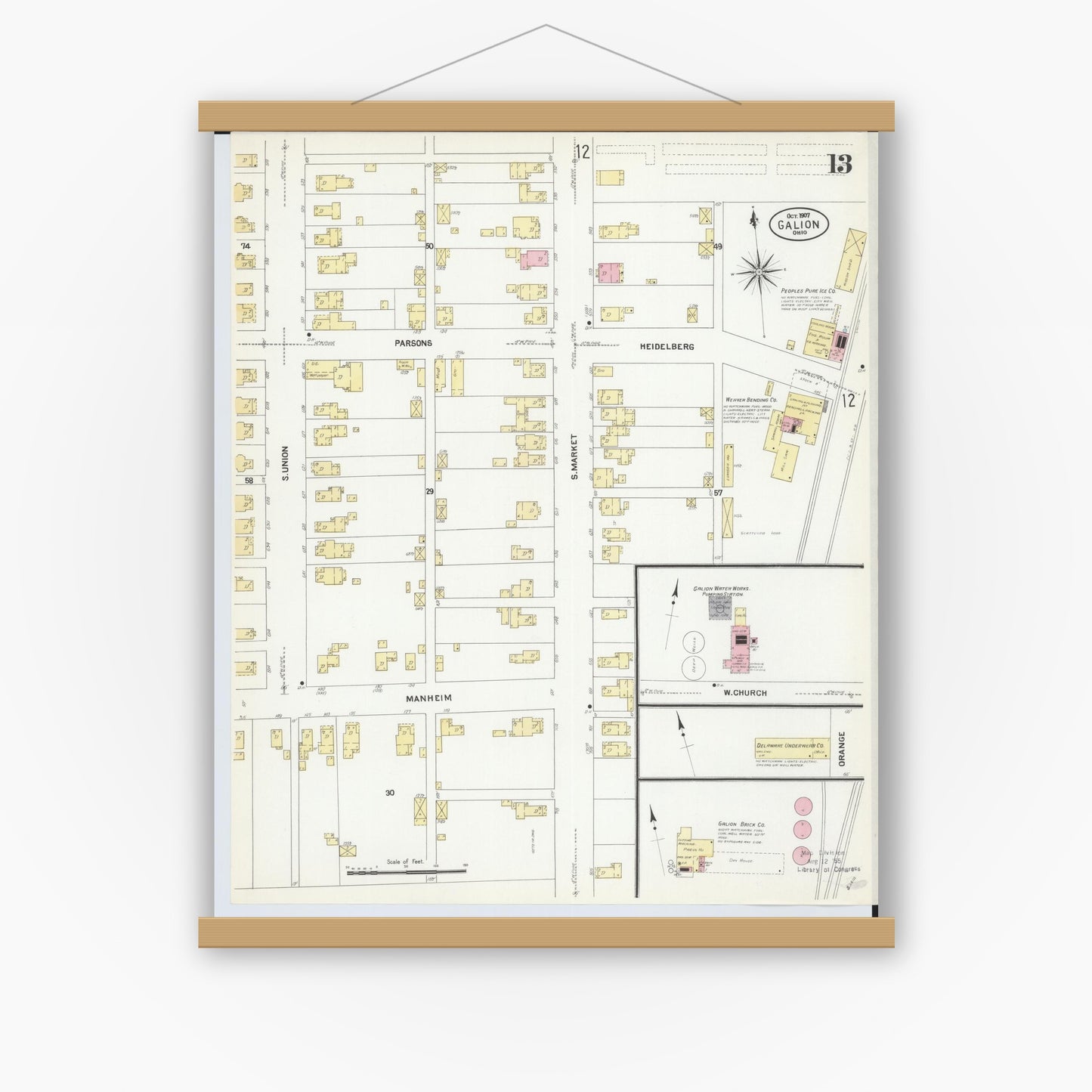 Old map wall art mockup — magnetic wood frame on white wall — Sanborn Fire Insurance Map from Galion, Crawford County, Ohio (1907), Sheet #0013