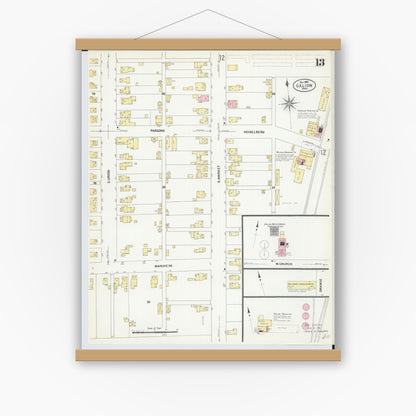 Old map wall art mockup — magnetic wood frame on white wall — Sanborn Fire Insurance Map from Galion, Crawford County, Ohio (1907), Sheet #0013